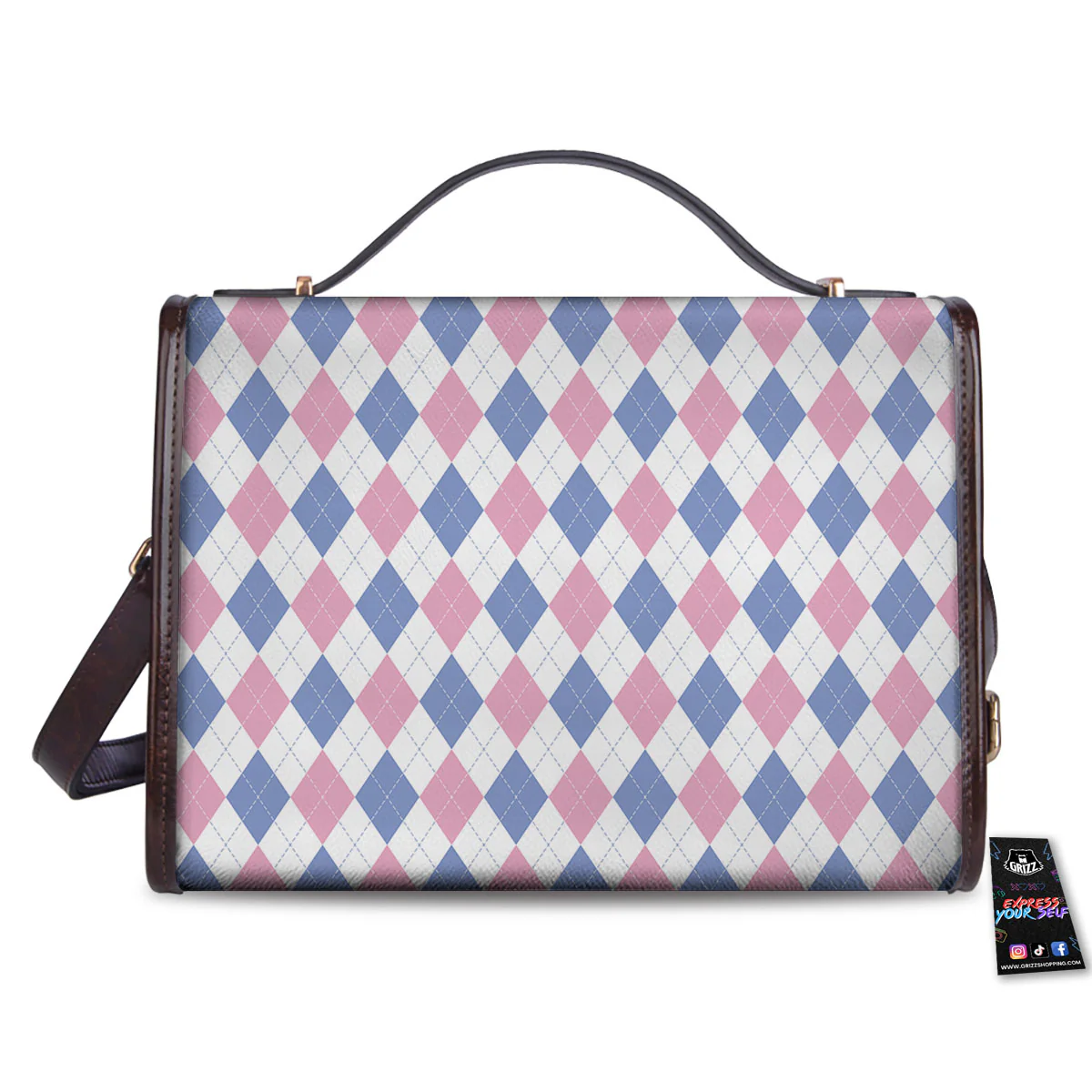 Blue Pink And White Argyle Print Pattern Women's Satchel Bag - Image 2