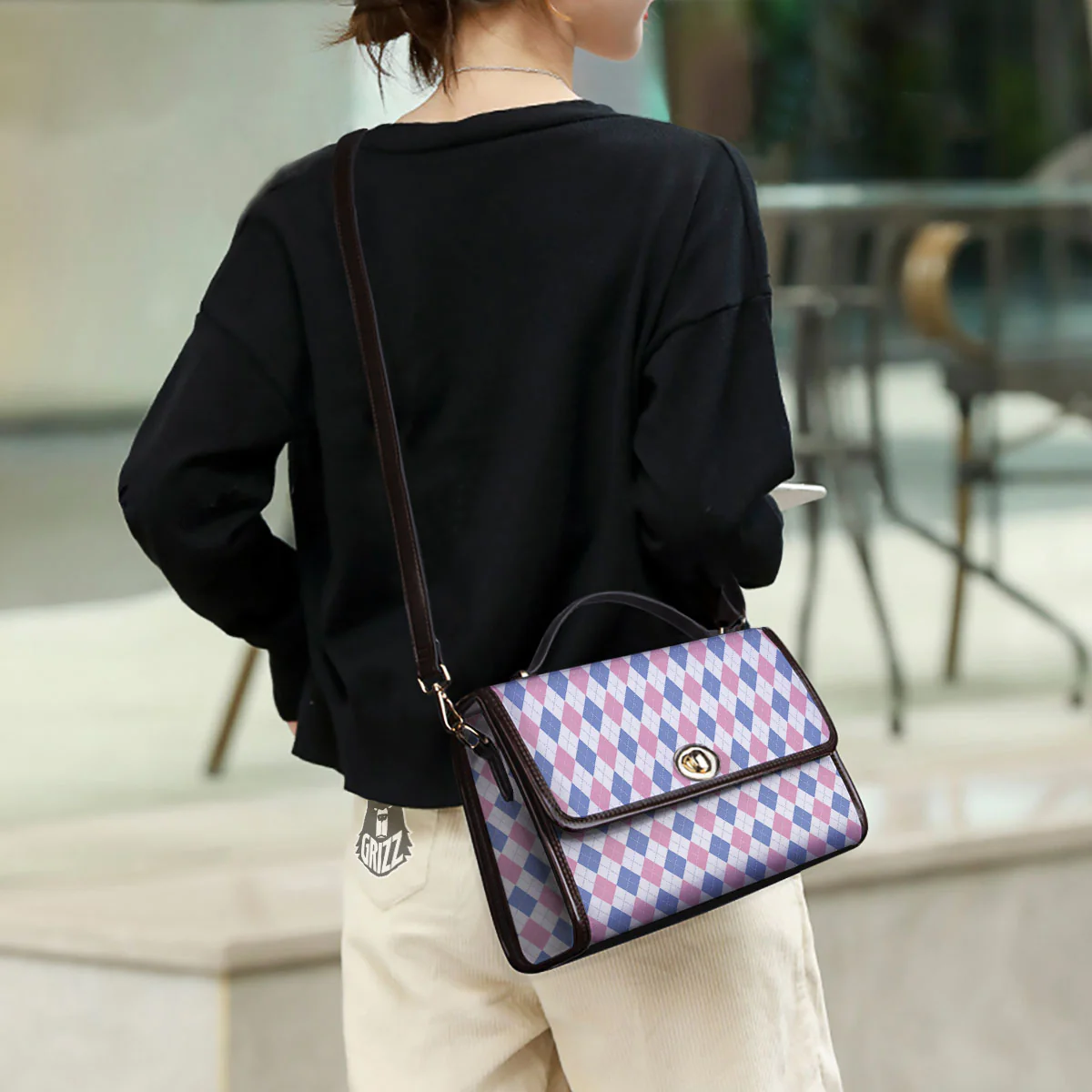Blue Pink And White Argyle Print Pattern Women's Satchel Bag - Image 3