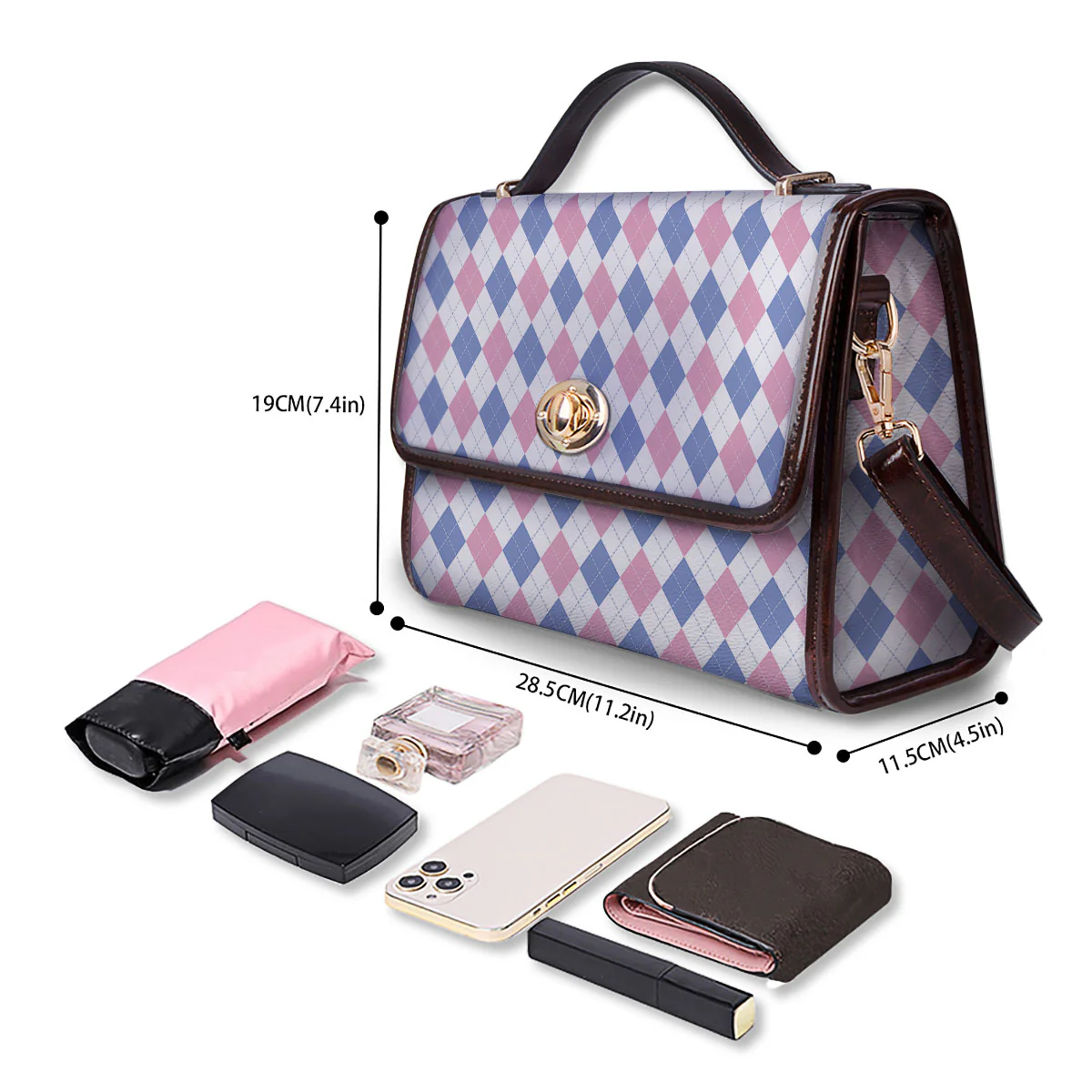 Blue Pink And White Argyle Print Pattern Women's Satchel Bag - Image 4