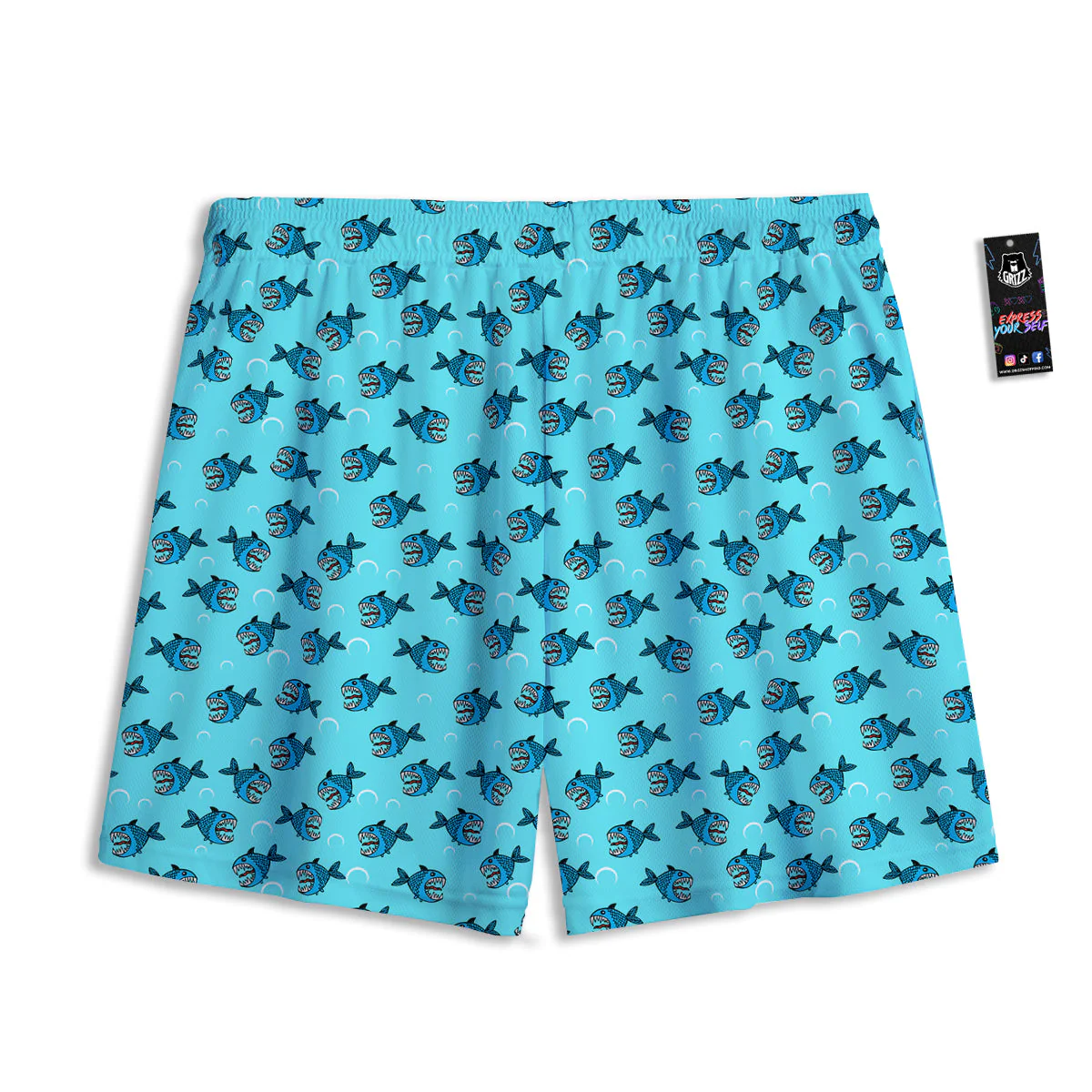 Blue Piranha Print Pattern Mesh Shorts - Image 2