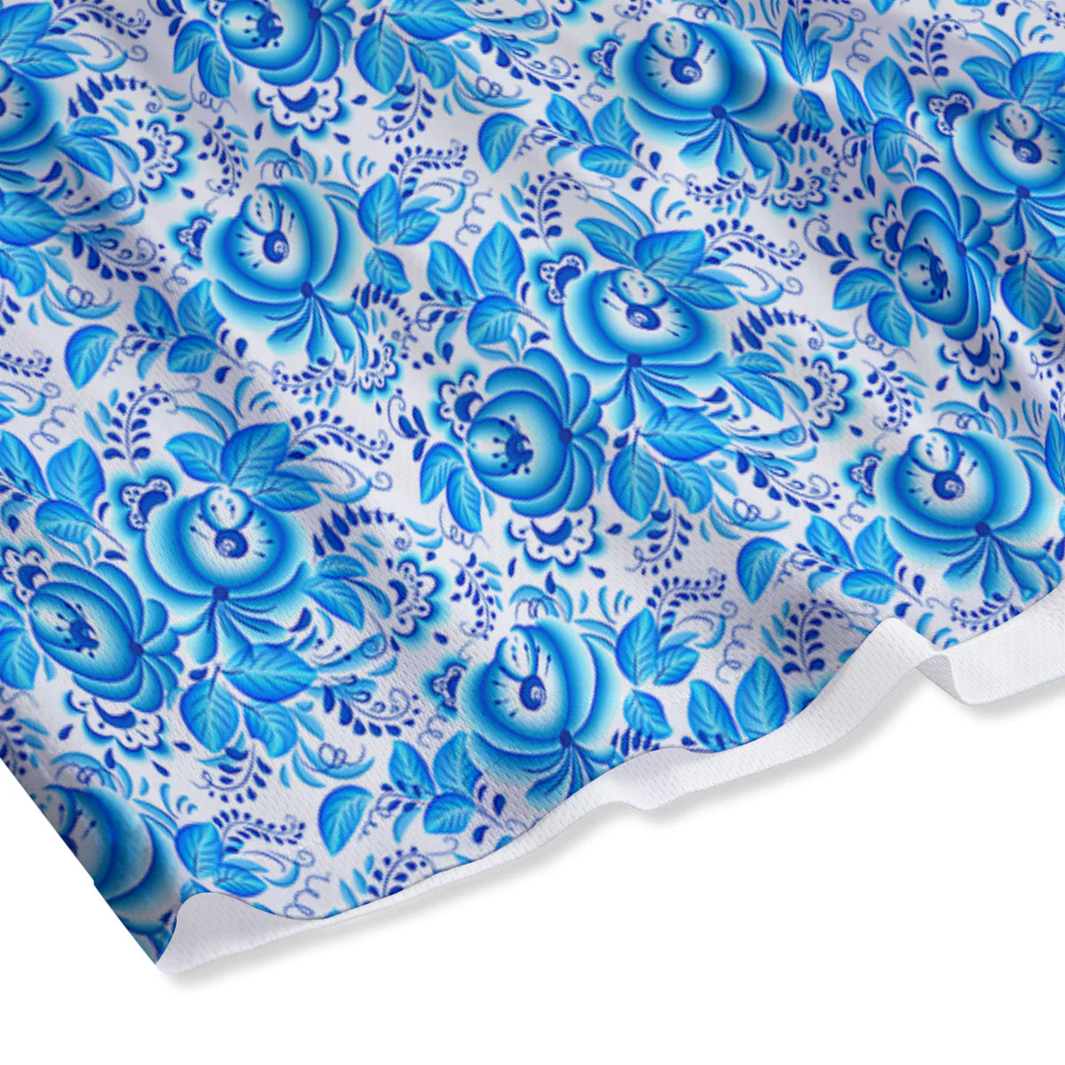 Blue Russian Floral Gzhel Print Pattern Mesh Shorts - Image 4