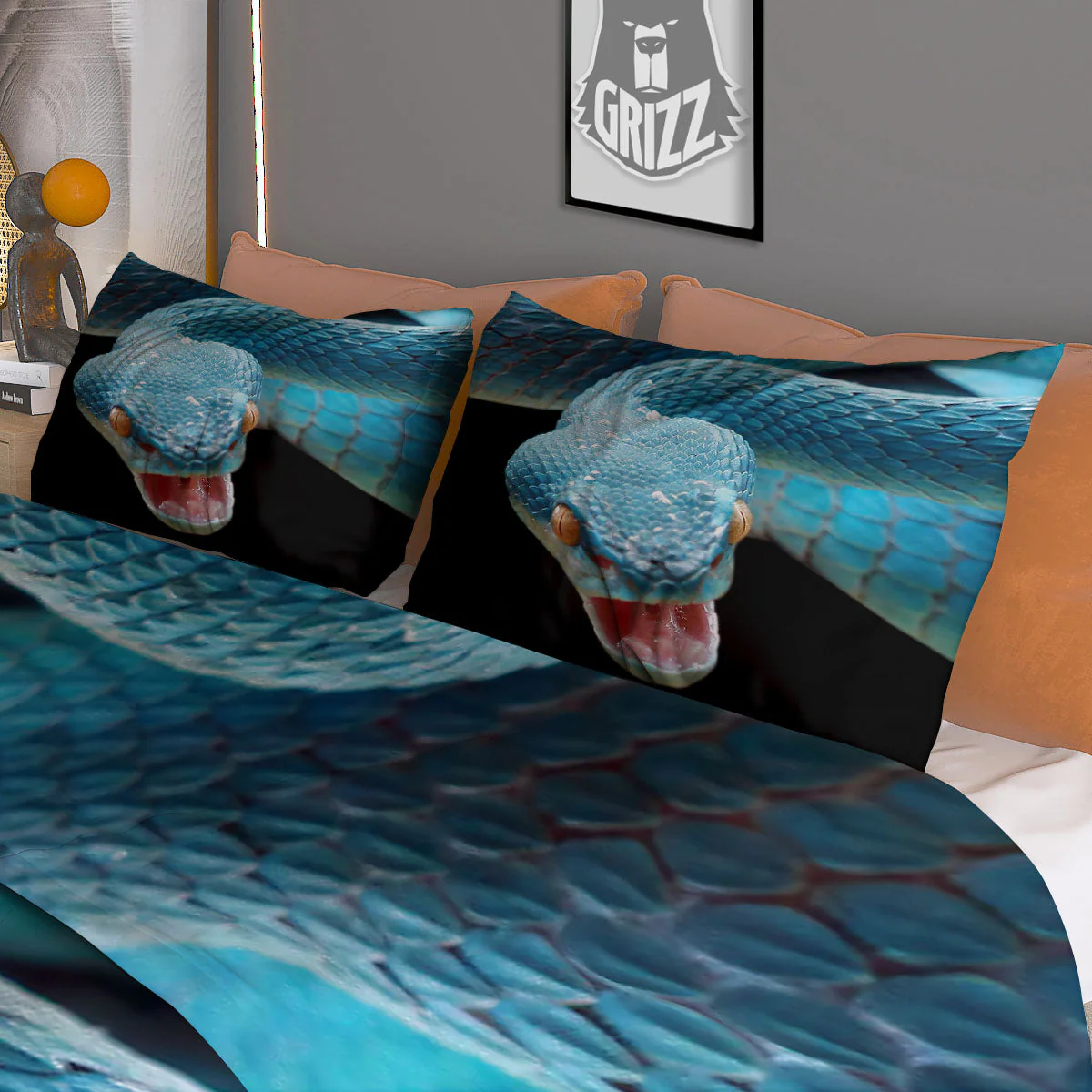 Blue Scary Viper Snake Print Duvet Cover Bedding Set - Image 3