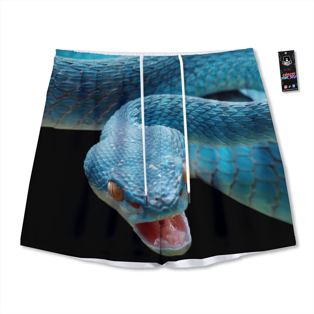 Blue Scary Viper Snake Print Mesh Shorts
