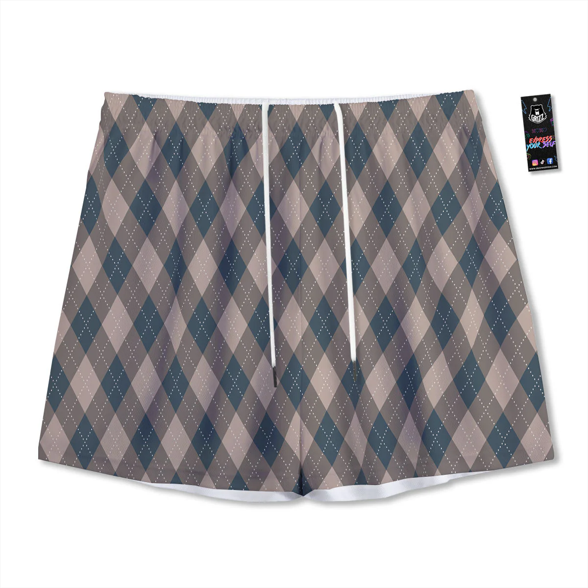 Blue Spruce And Beige Argyle Print Pattern Mesh Shorts