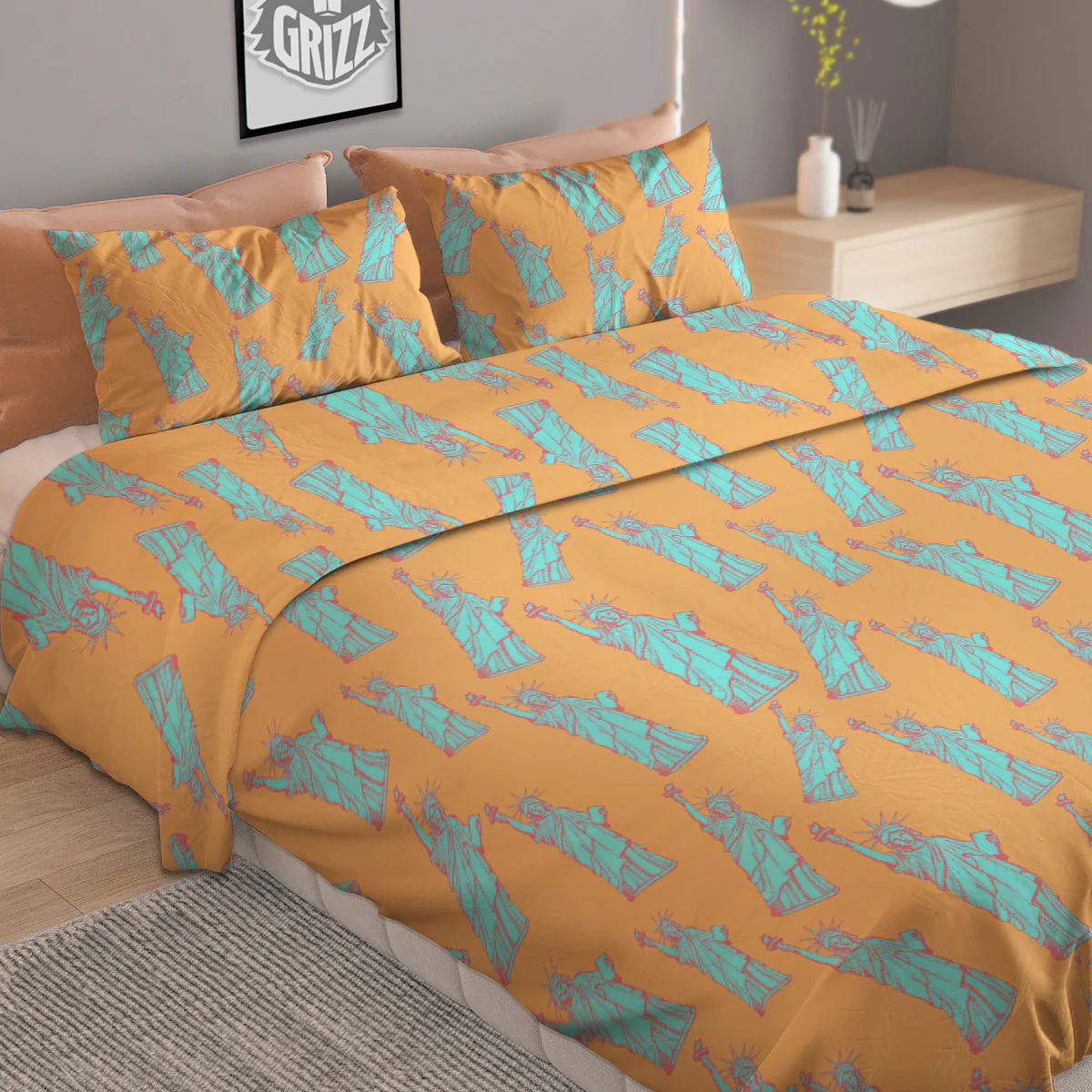 Blue Statue Of Liberty Print Pattern Duvet Cover Bedding Set - Image 2
