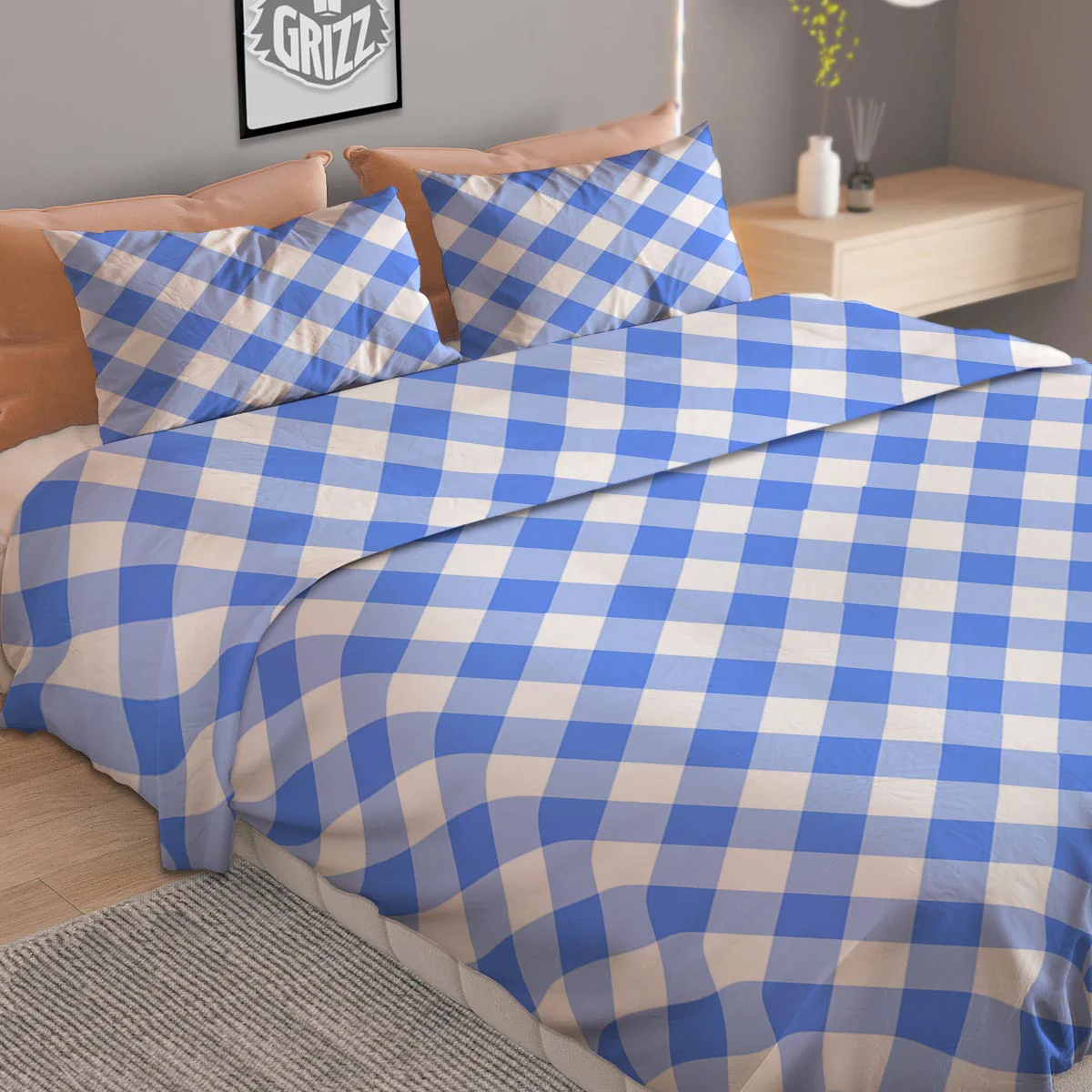 Blue Steel And White Gingham Print Pattern Duvet Cover Bedding Set - Image 2