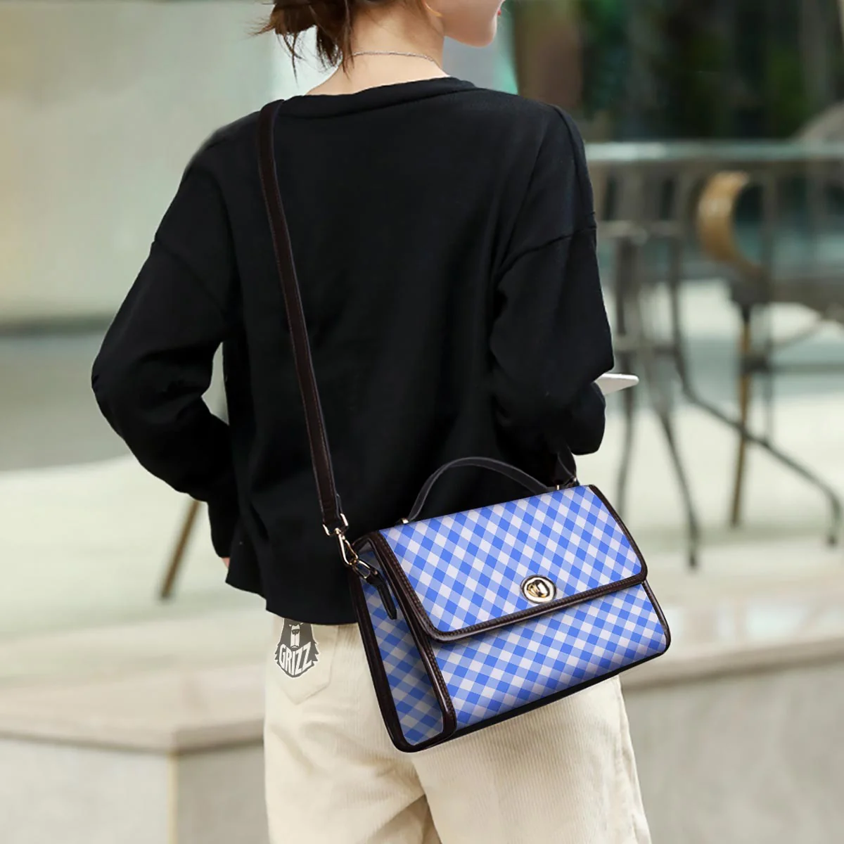 Blue Steel And White Gingham Print Pattern Women's Satchel Bag - Image 3