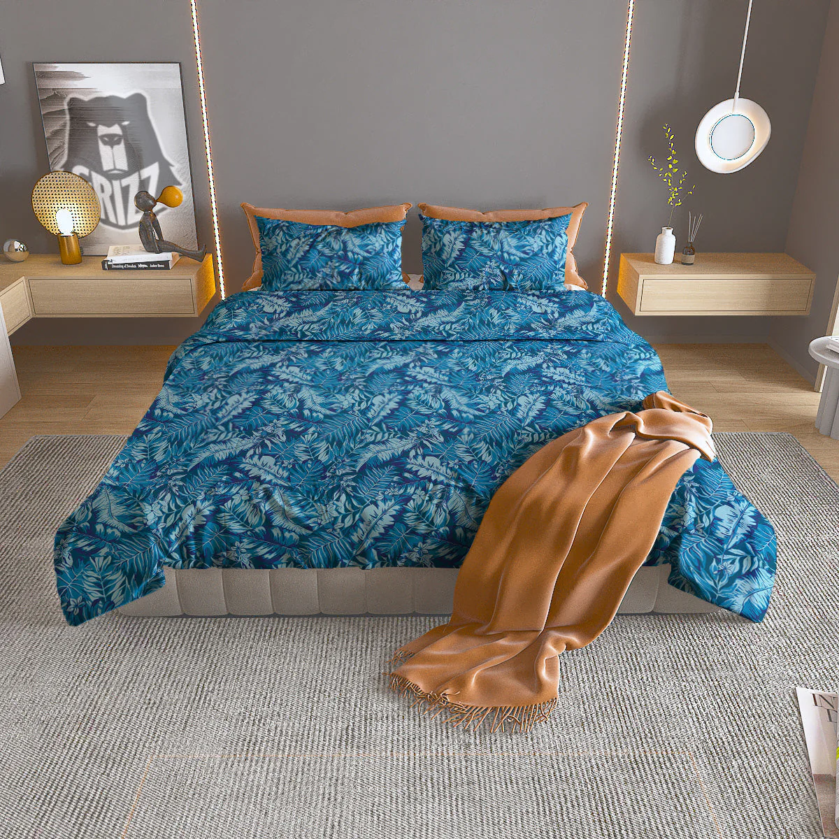 Blue Tropical Leaves Print Duvet Cover Bedding Set