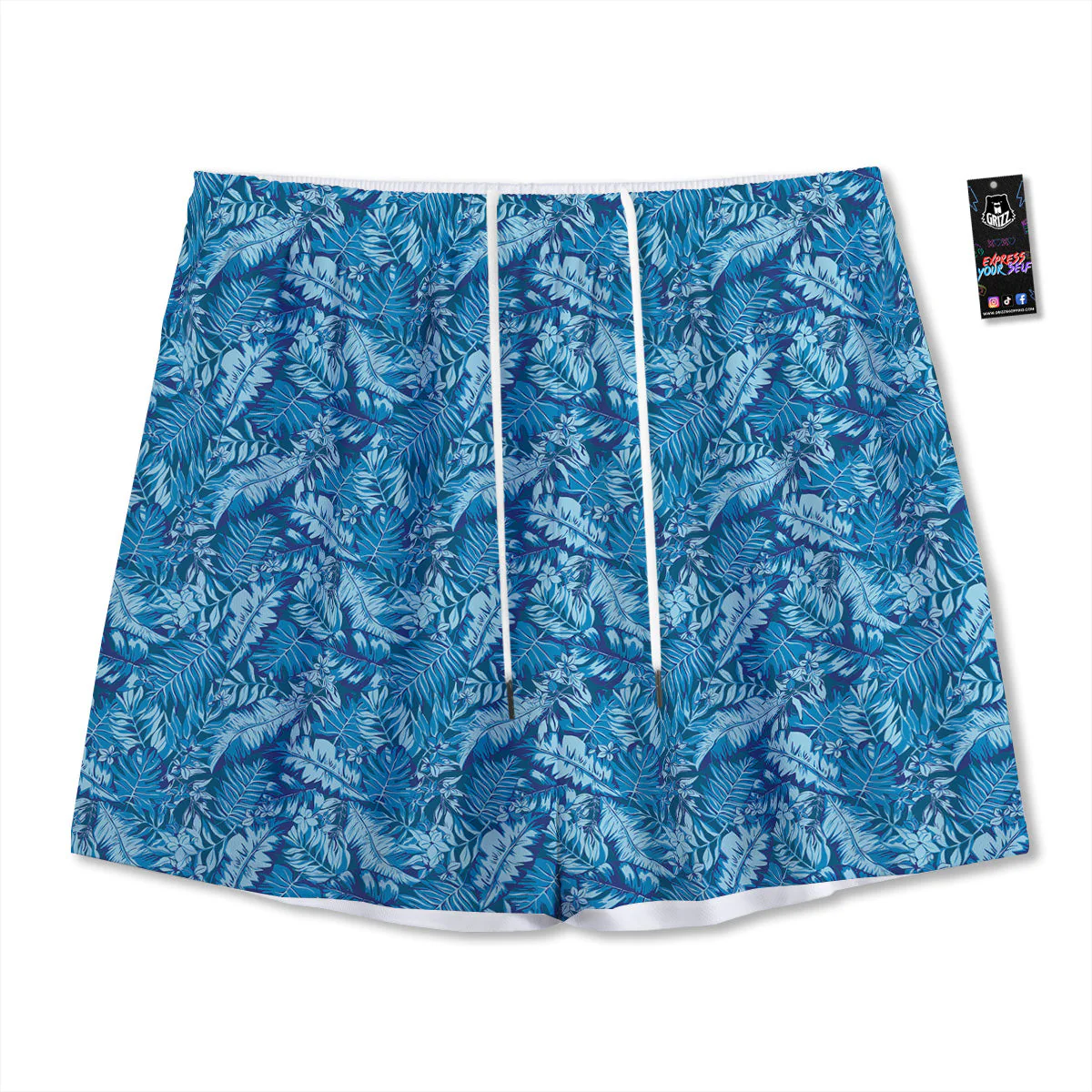 Blue Tropical Leaves Print Mesh Shorts