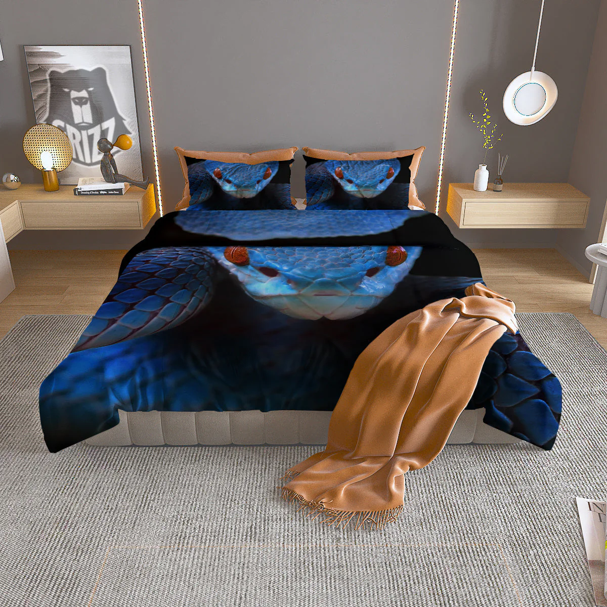 Blue Viper Snake Print Duvet Cover Bedding Set