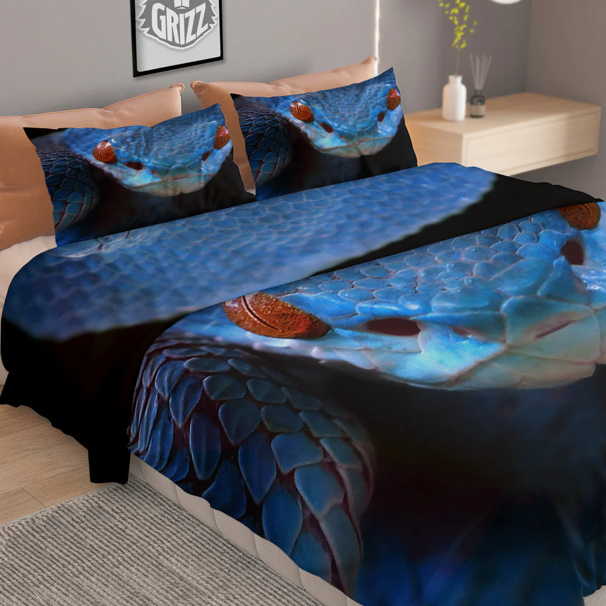 Blue Viper Snake Print Duvet Cover Bedding Set - Image 2