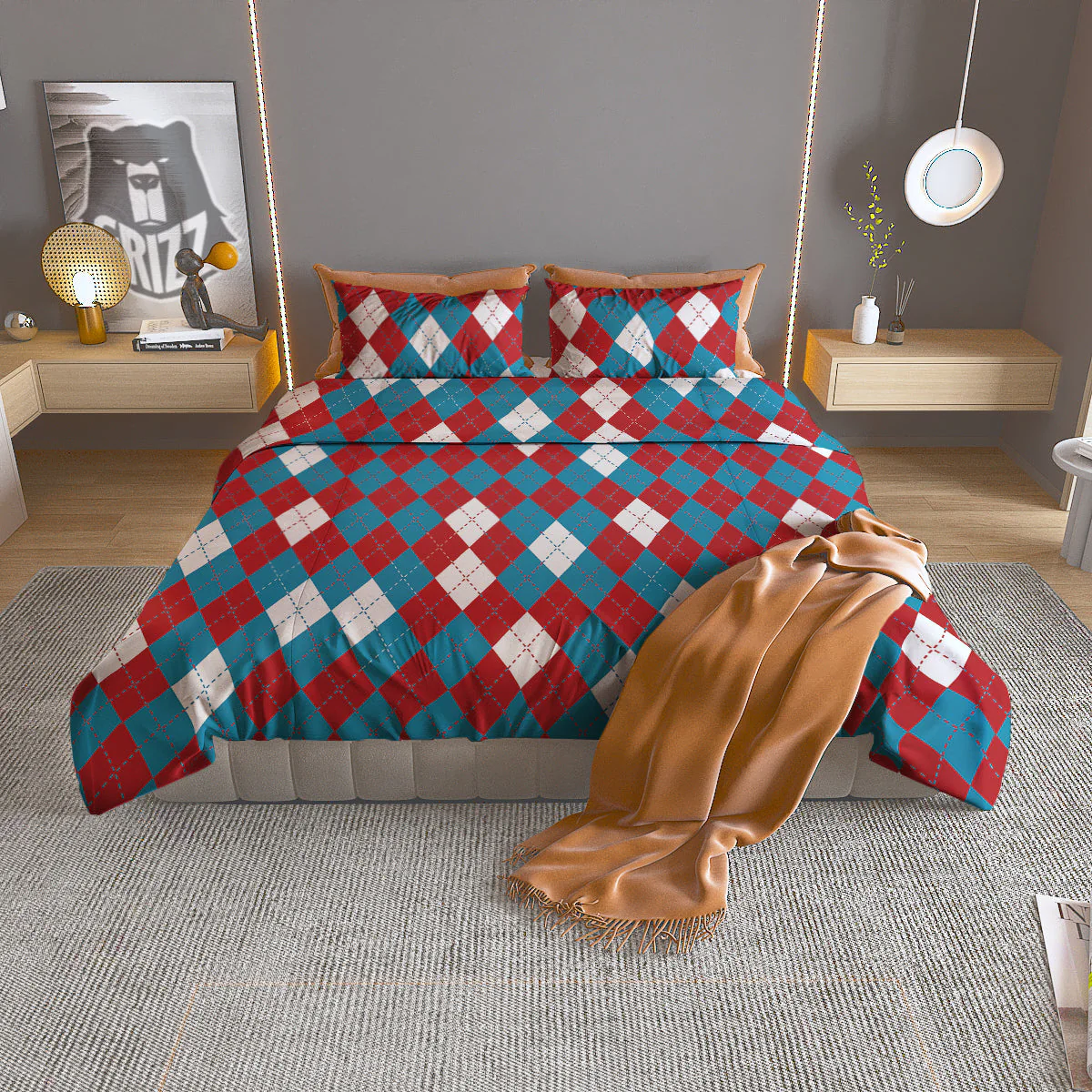 Blue White And Red Argyle Print Pattern Duvet Cover Bedding Set