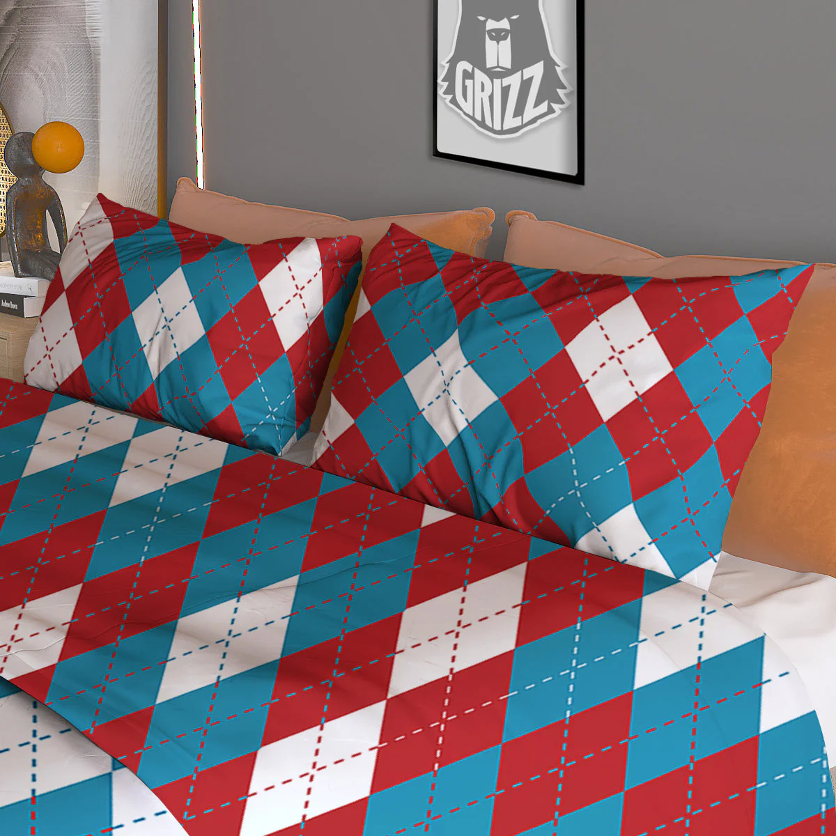 Blue White And Red Argyle Print Pattern Duvet Cover Bedding Set - Image 3
