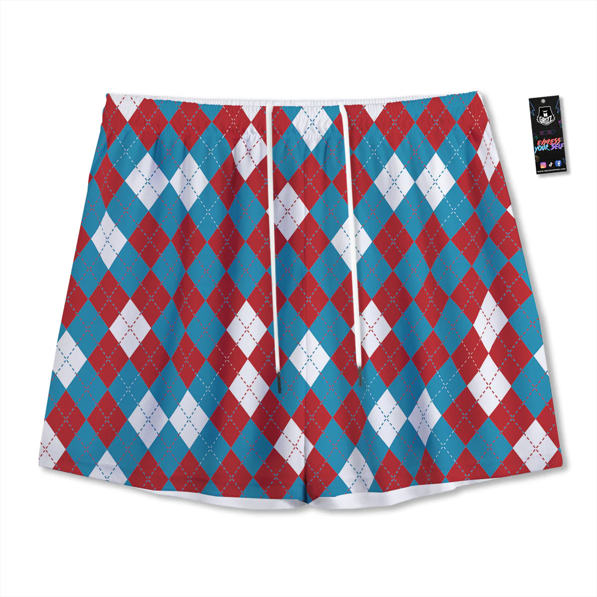 Blue White And Red Argyle Print Pattern Mesh Shorts