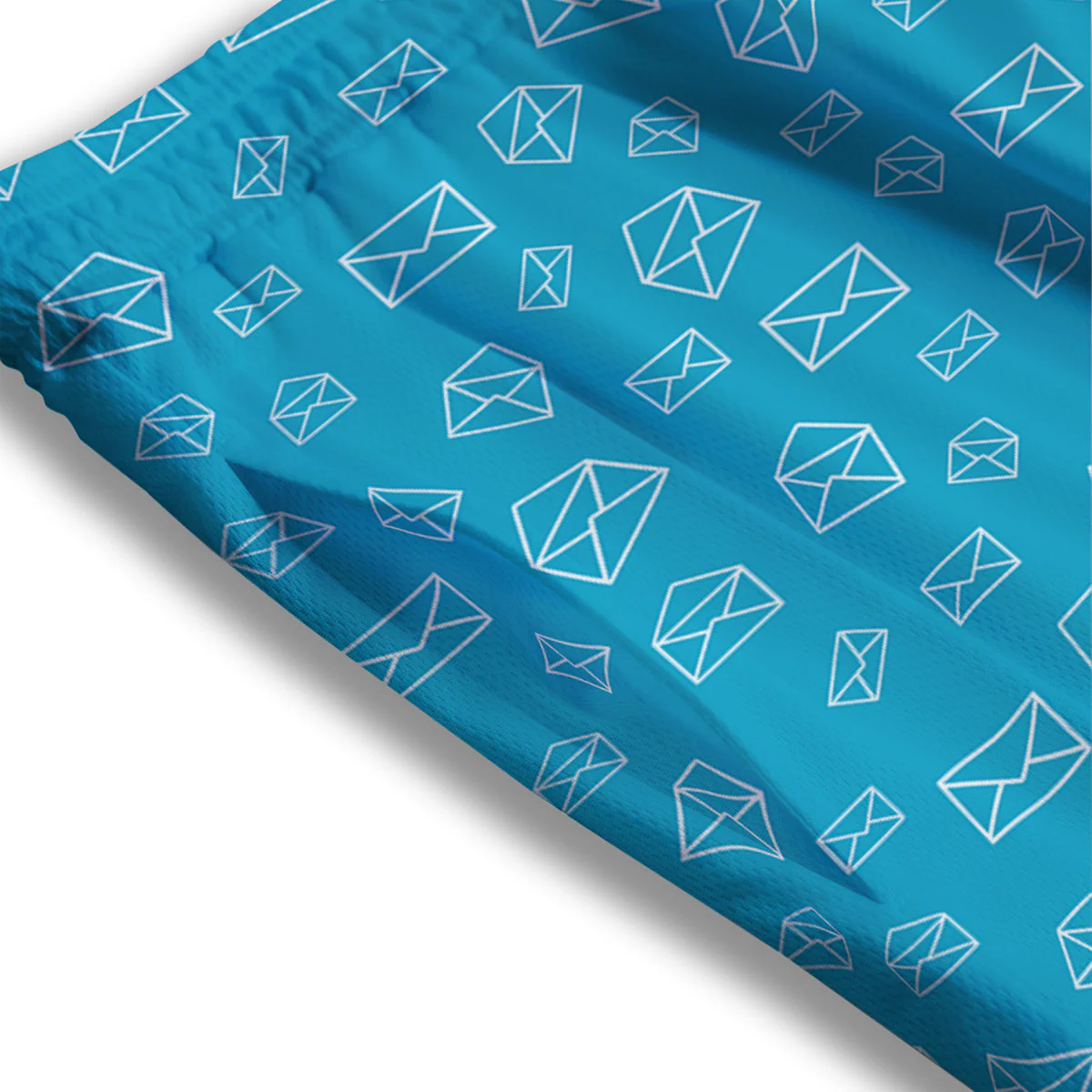 Blue White Mail Print Pattern Mesh Shorts - Image 3