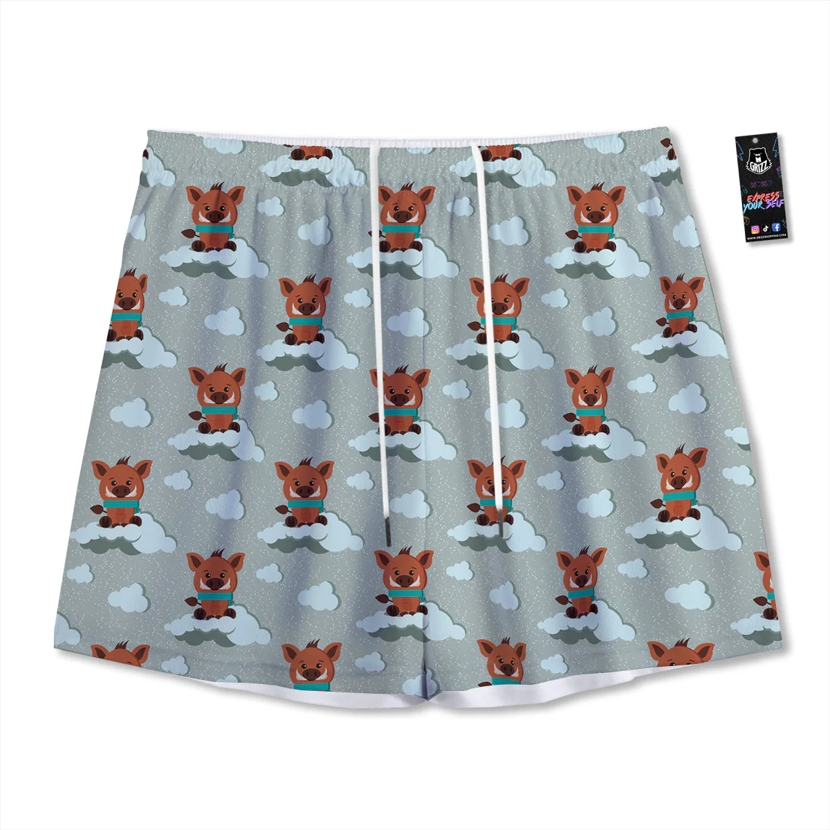 Boar And Cloud Print Pattern Mesh Shorts
