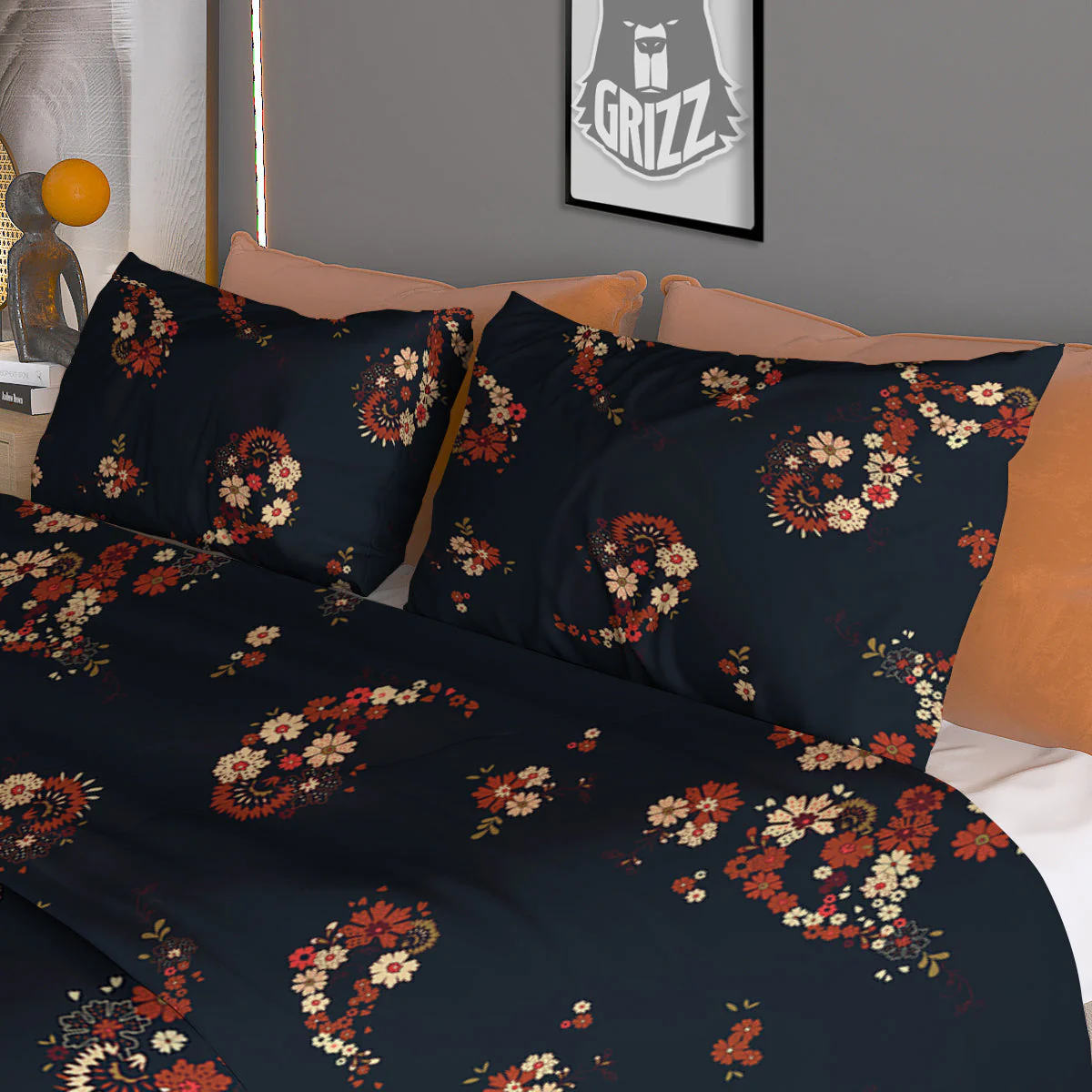 Bohemian Floral Blue Orange Vintage Print Pattern Duvet Cover Bedding Set - Image 3