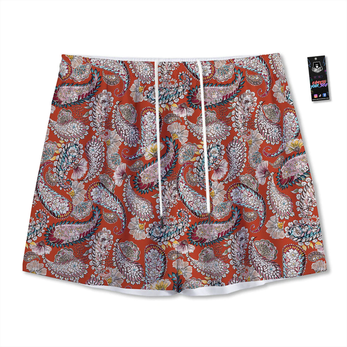 Bohemian Floral Orange Print Pattern Mesh Shorts