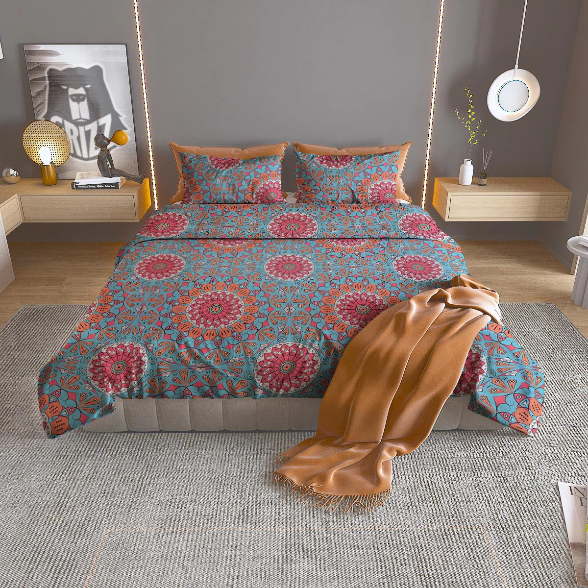 Bohemian Mandala Pink And Teal Print Pattern Duvet Cover Bedding Set