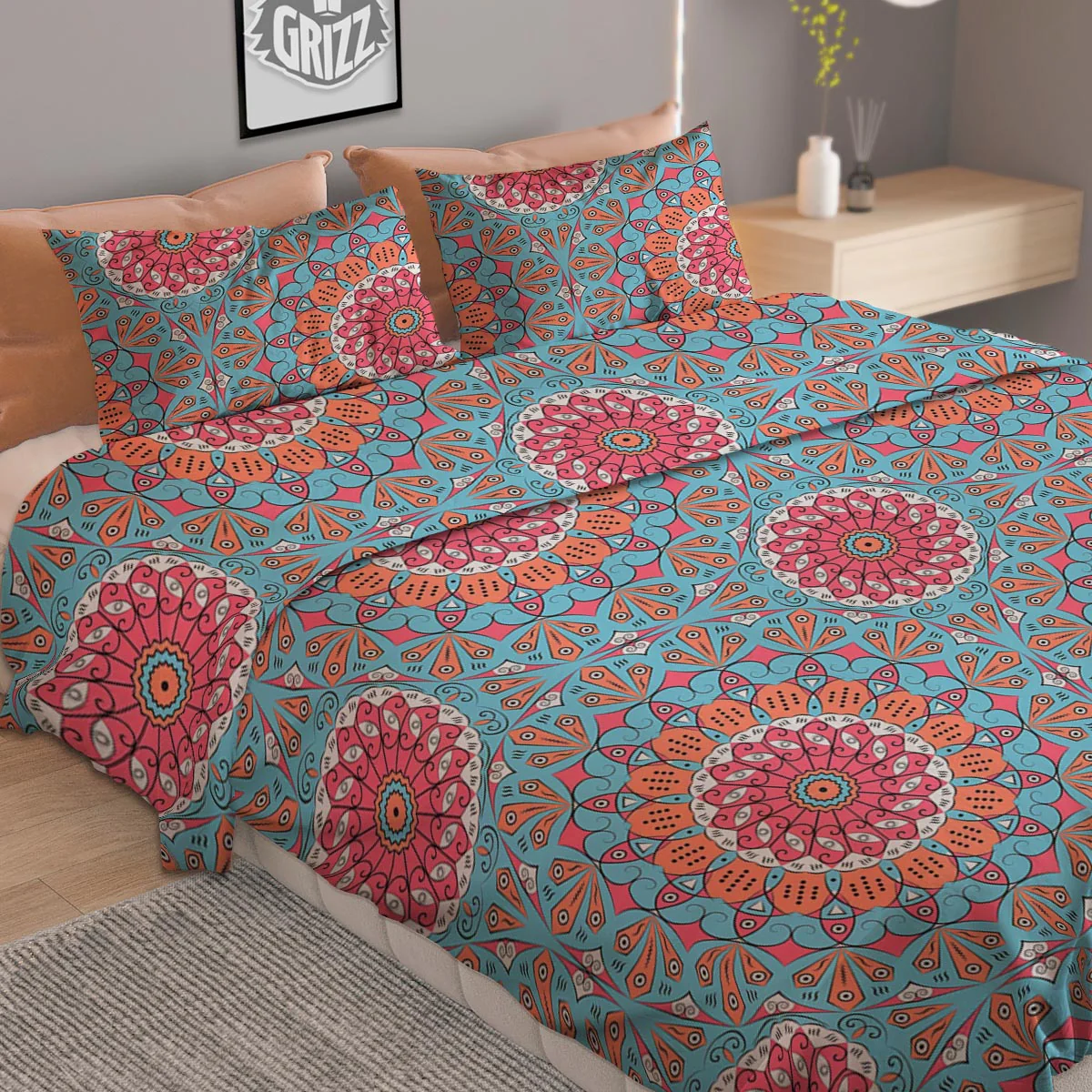 Bohemian Mandala Pink And Teal Print Pattern Duvet Cover Bedding Set - Image 2