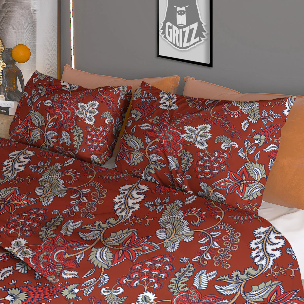 Bohemian Red Floral Print Pattern Duvet Cover Bedding Set - Image 3