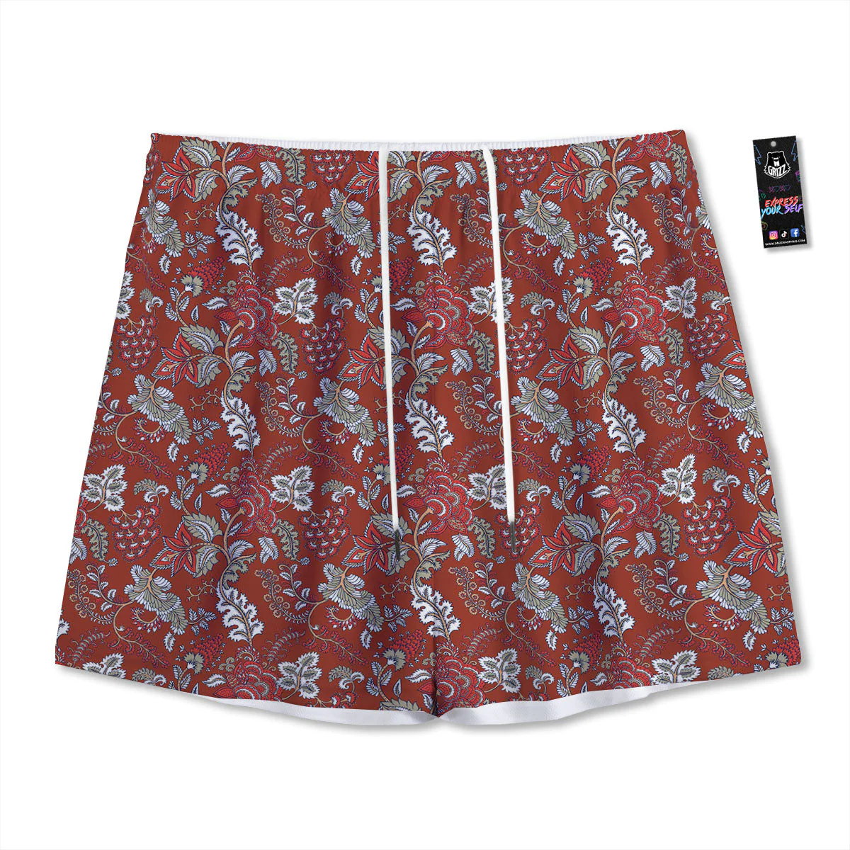 Bohemian Red Floral Print Pattern Mesh Shorts