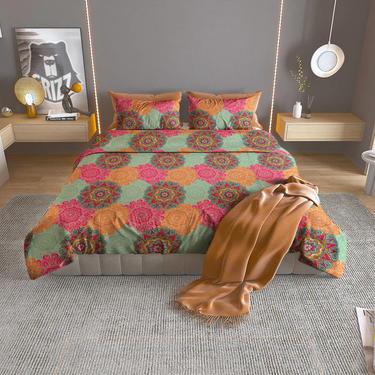 Bohemian Sangria Mandala Print Pattern Duvet Cover Bedding Set