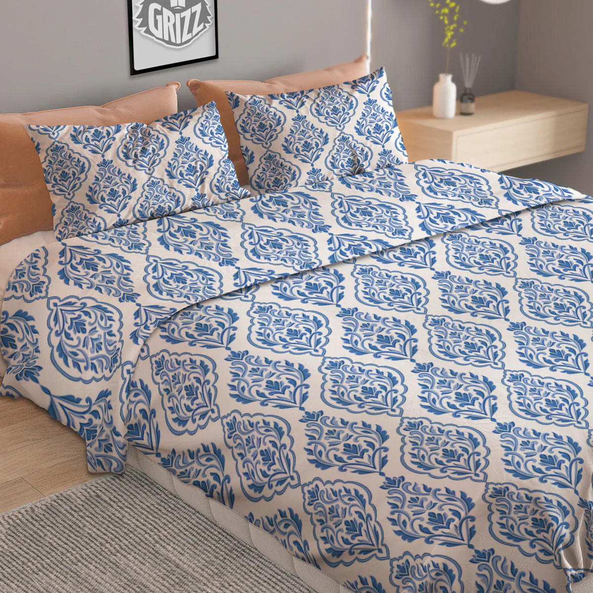 Boho Damask Print Pattern Duvet Cover Bedding Set - Image 2
