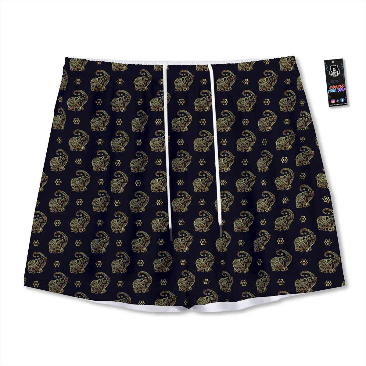 Boho Elephant Gold Cute Print Pattern Mesh Shorts