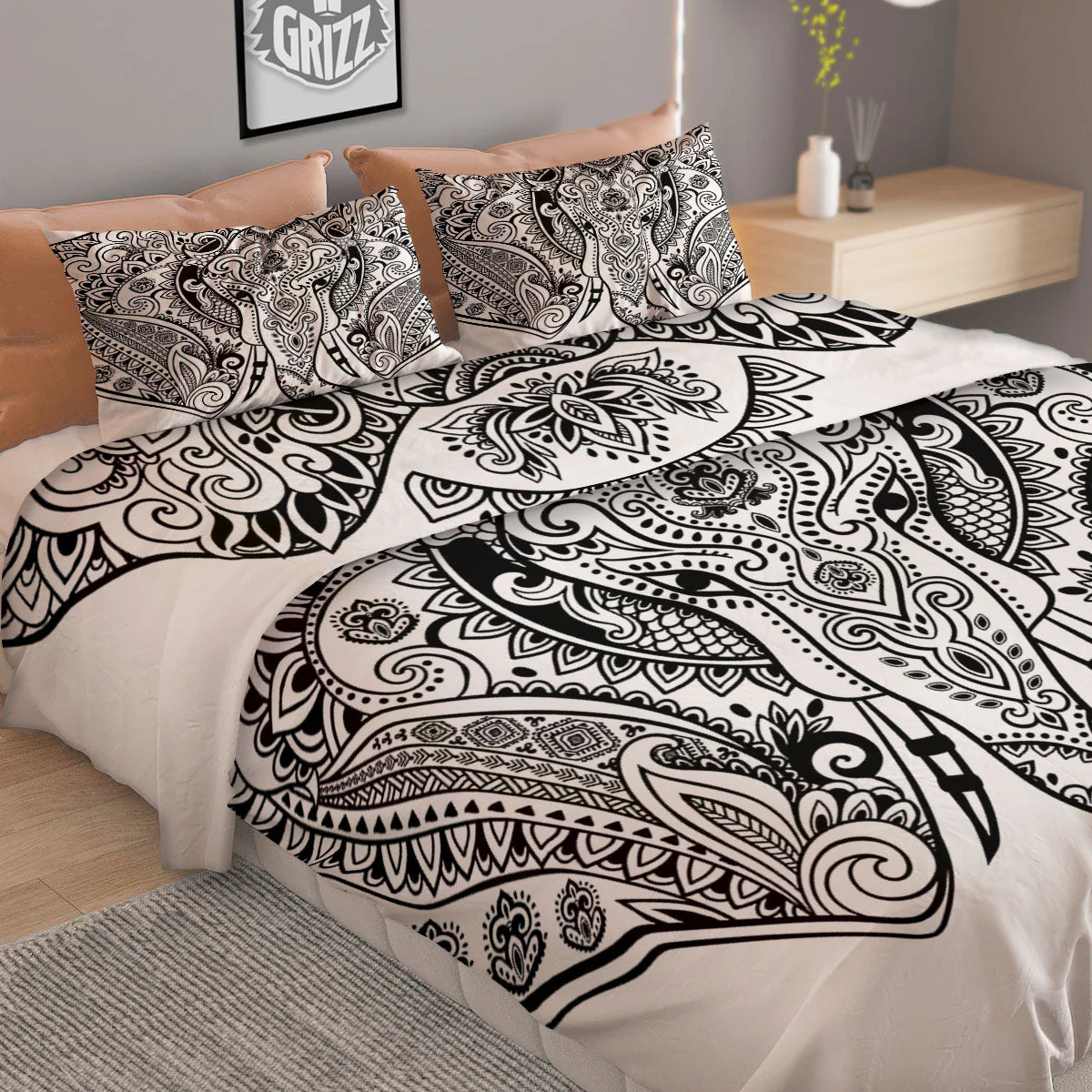 Boho Elephant White And Black Print Duvet Cover Bedding Set - Image 2