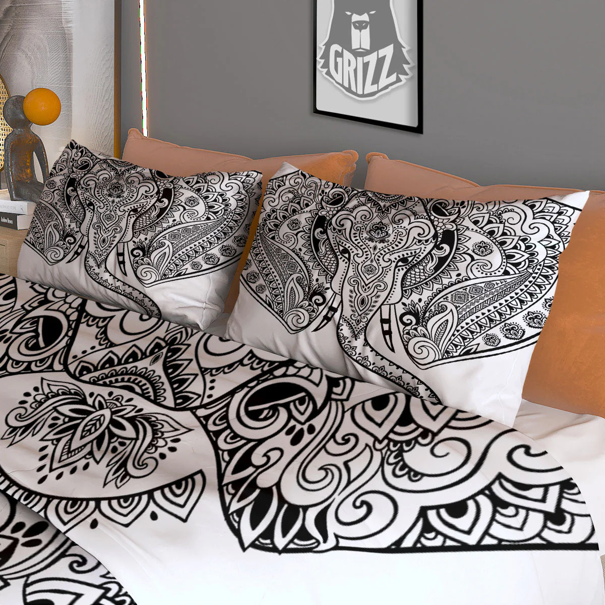 Boho Elephant White And Black Print Duvet Cover Bedding Set - Image 3