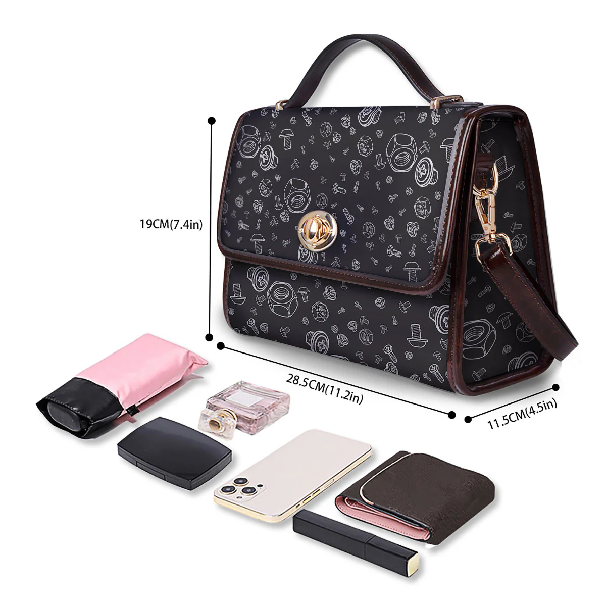 Bolts and Mechanic Nuts Print Pattern Women's Satchel Bag - Image 4