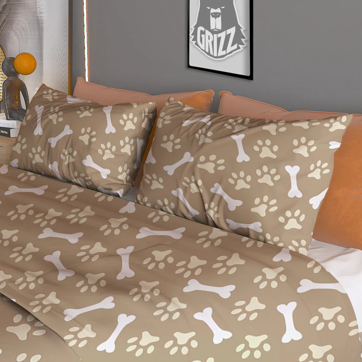 Bone And Beige Paw Print Pattern Duvet Cover Bedding Set - Image 3