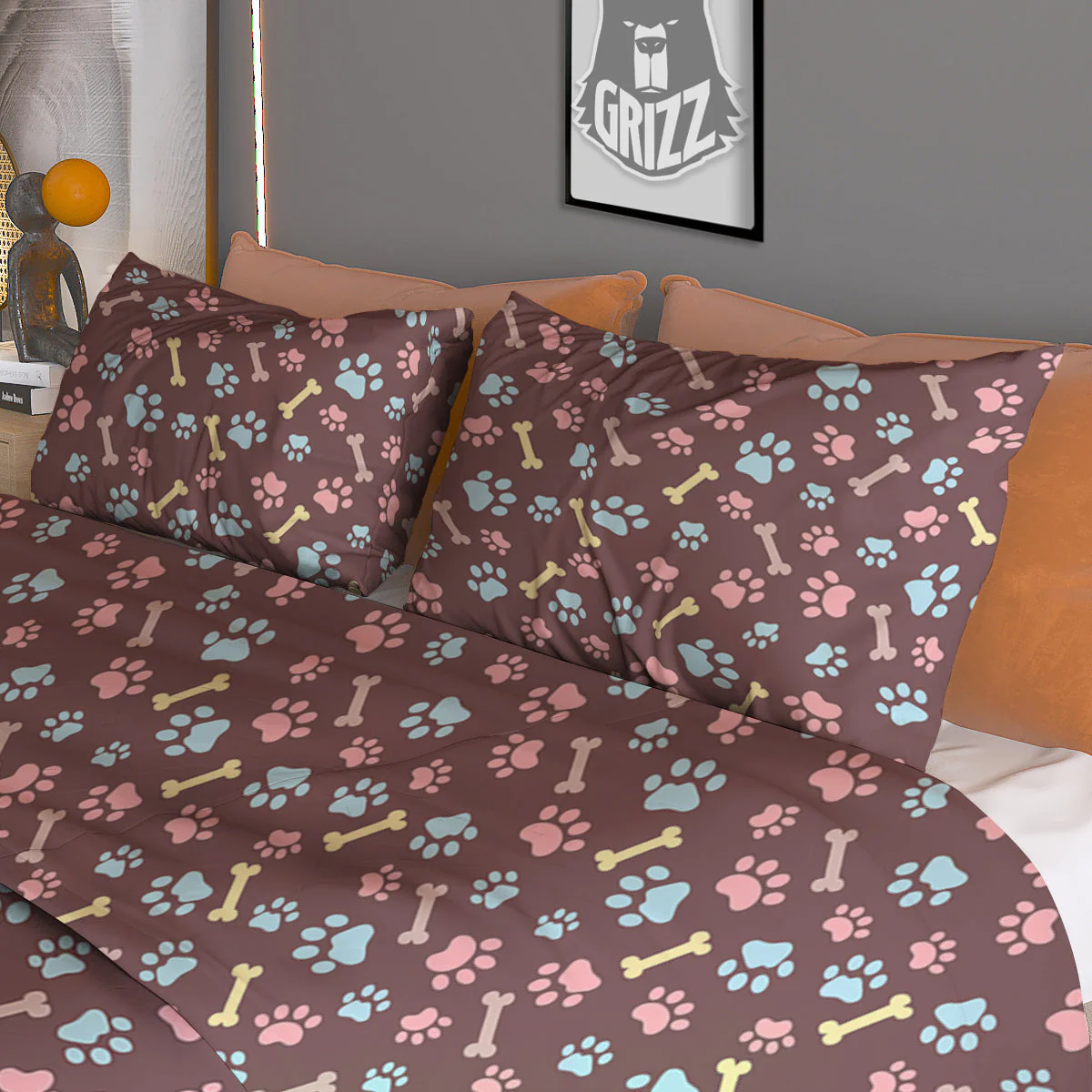 Bone And Colorful Paw Print Pattern Duvet Cover Bedding Set - Image 3