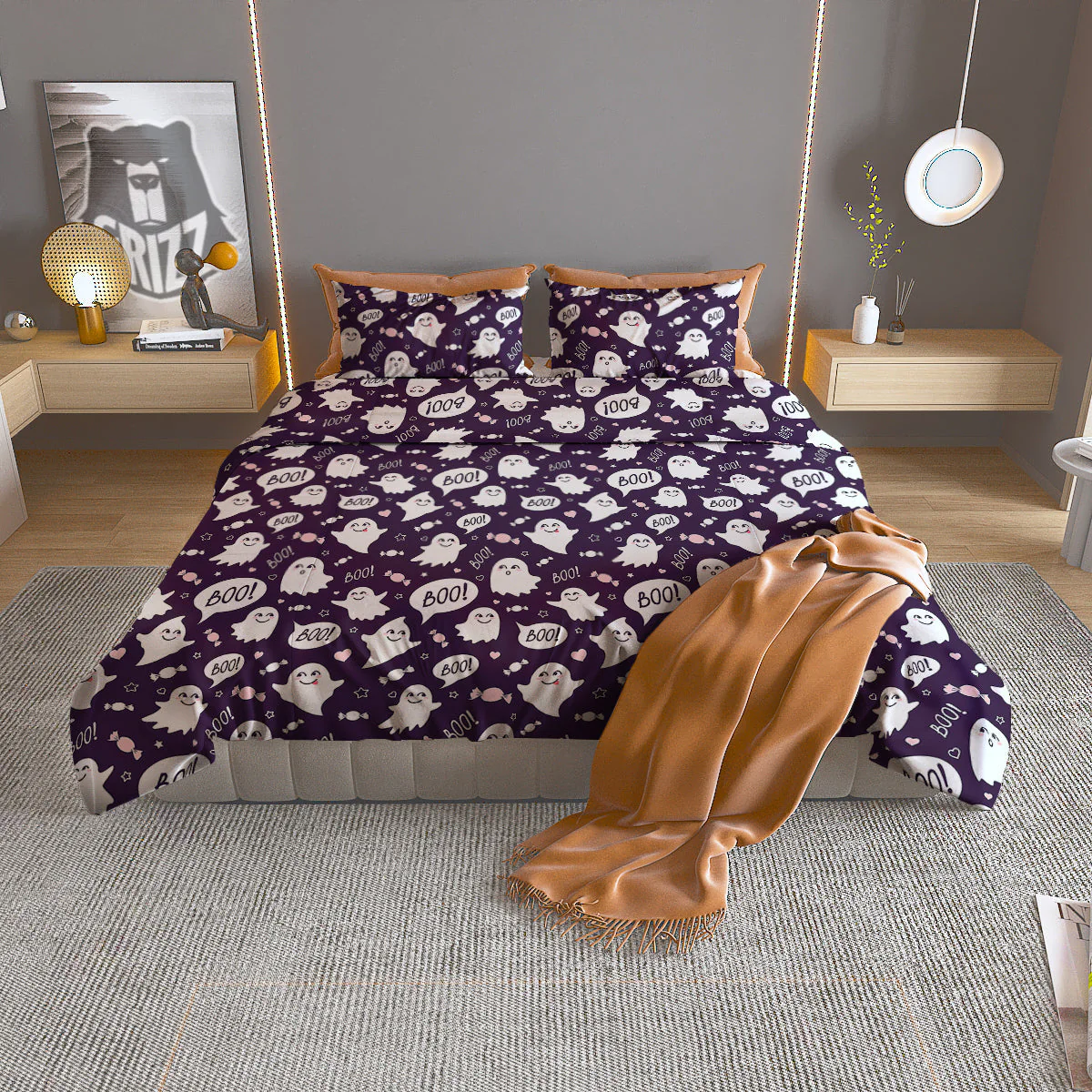 Boo Cute Ghost Print Pattern Duvet Cover Bedding Set