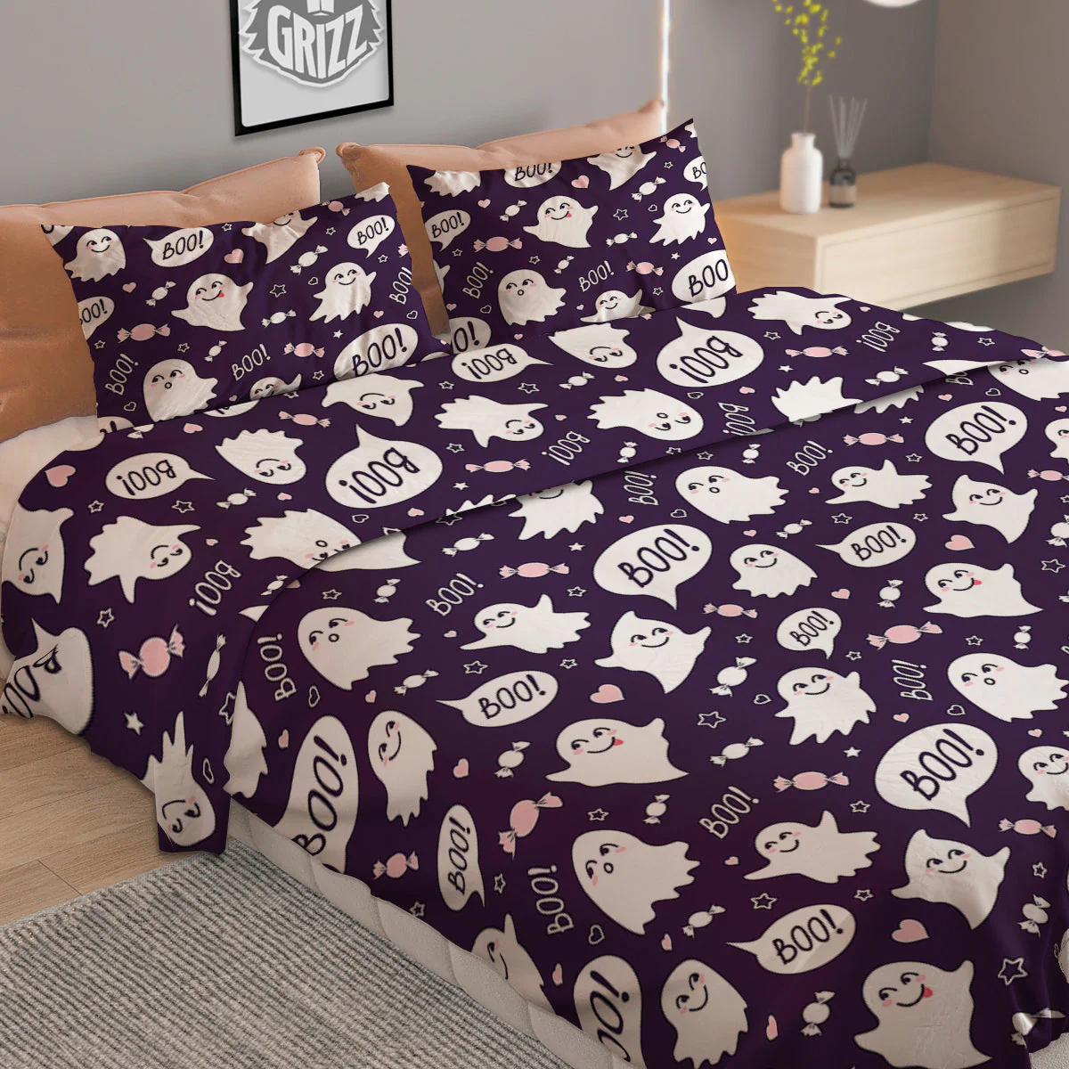 Boo Cute Ghost Print Pattern Duvet Cover Bedding Set - Image 2