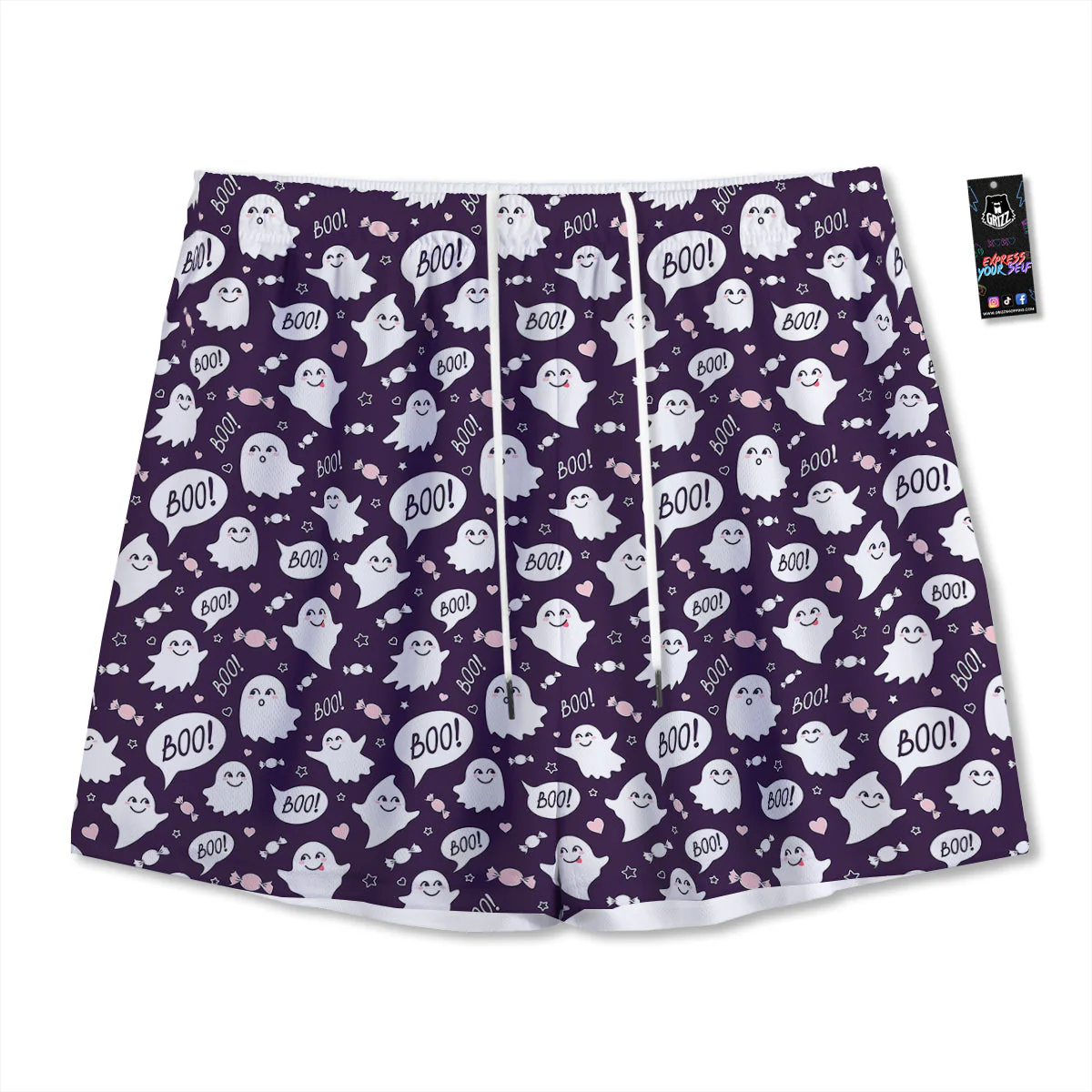 Boo Cute Ghost Print Pattern Mesh Shorts