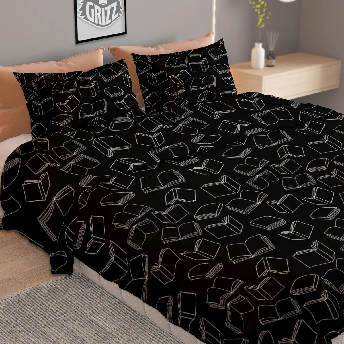 Books White And Black Print Pattern Duvet Cover Bedding Set - Image 2