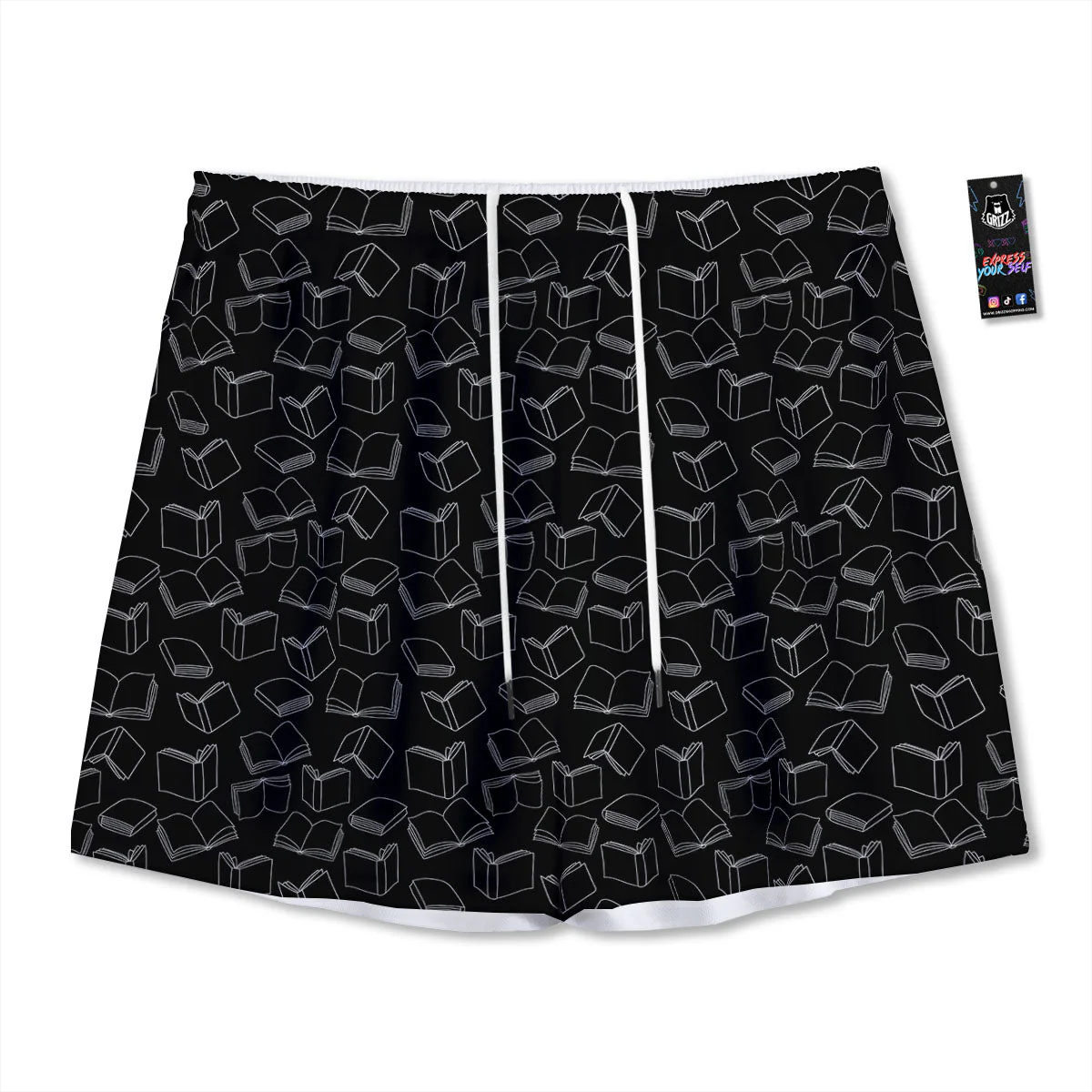 Books White And Black Print Pattern Mesh Shorts