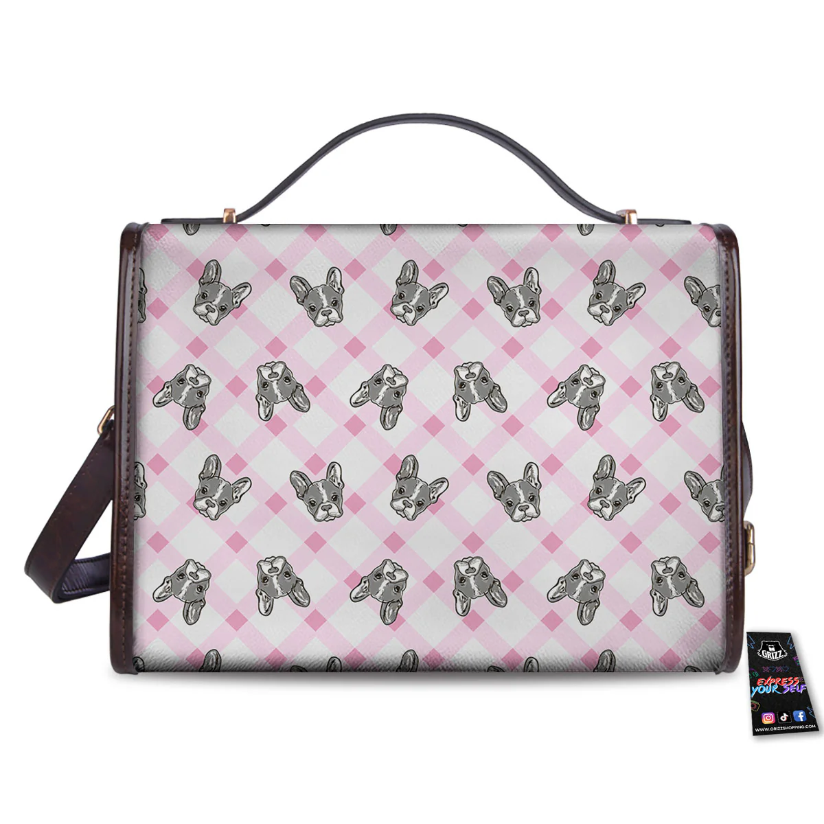 Boston Terrier Pink Plaid Print Pattern Women's Satchel Bag - Image 2