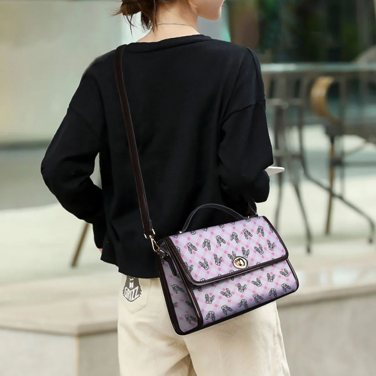 Boston Terrier Pink Plaid Print Pattern Women's Satchel Bag - Image 3