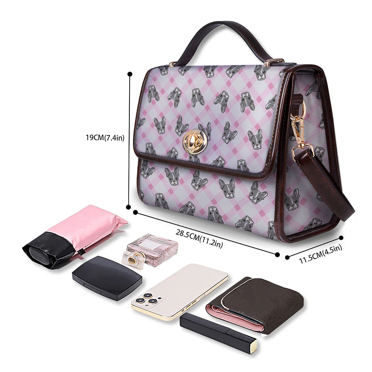 Boston Terrier Pink Plaid Print Pattern Women's Satchel Bag - Image 4