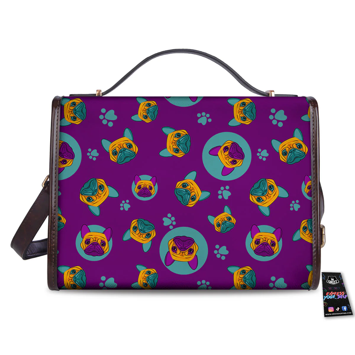 Boston Terrier Purple Print Pattern Women's Satchel Bag - Image 2