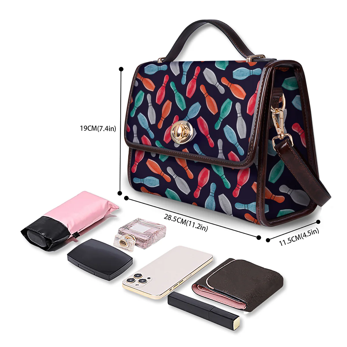 Bowling Pins Watercolor Print Pattern Women's Satchel Bag - Image 4