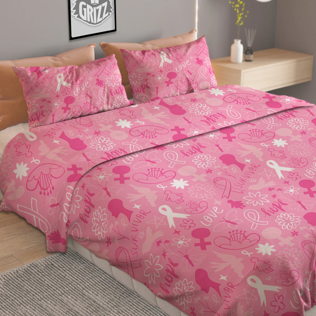 Breast Cancer Cute Pink Print Pattern Cute Duvet Cover Bedding Set - Image 2