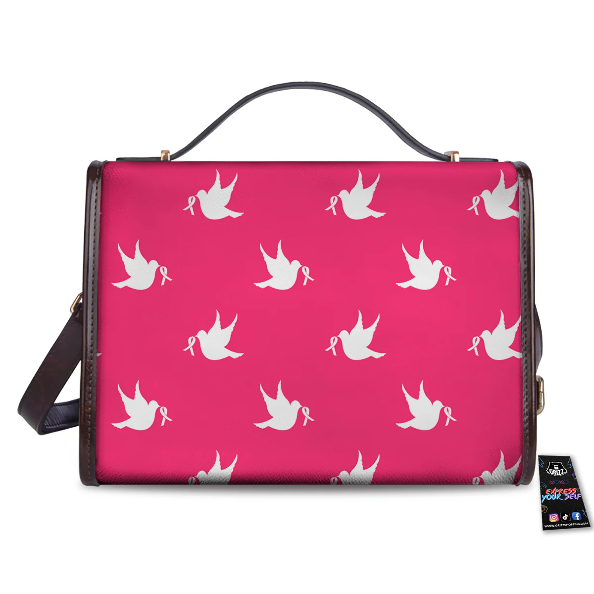 Breast Cancer White Dove Print Pattern Women's Satchel Bag - Image 2