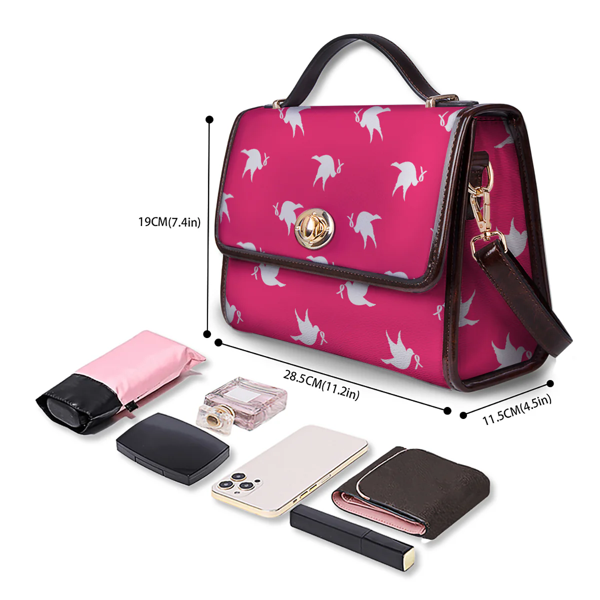 Breast Cancer White Dove Print Pattern Women's Satchel Bag - Image 4