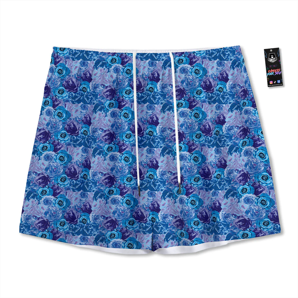 Bright Blue Rose Print Mesh Shorts