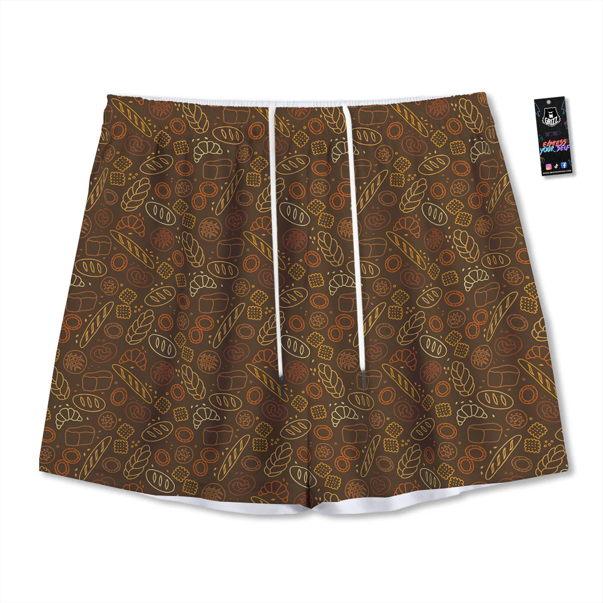 Brown Bakery Print Pattern Mesh Shorts