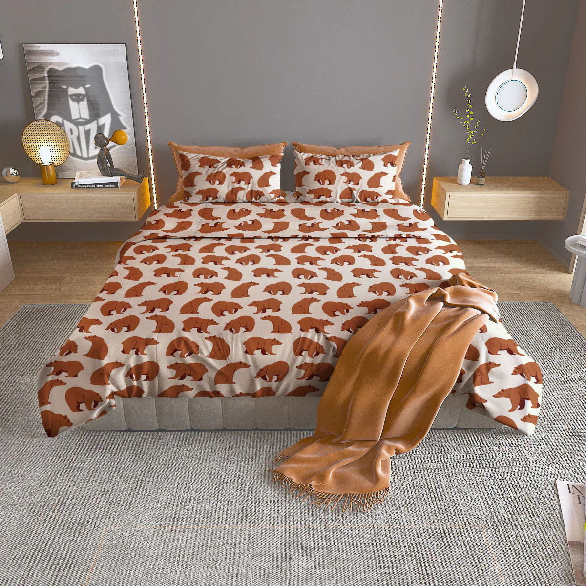 Brown Bear Cute Print Pattern Duvet Cover Bedding Set